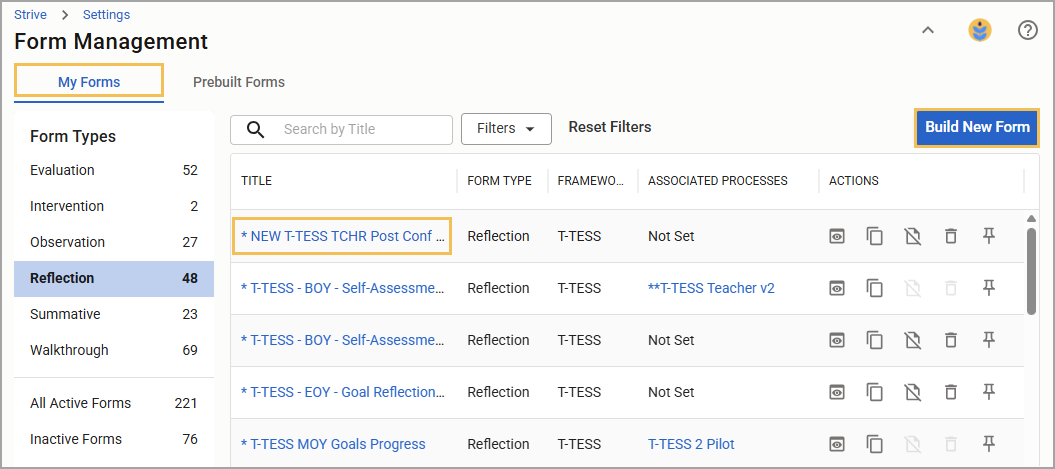 Form management interface displaying various reflection forms and options to build new forms.